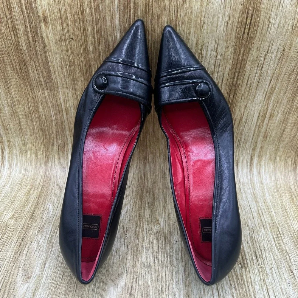 Coach Pointed Toe Pumps Women's Size 8 B Black Button Pleated Stiletto Heels